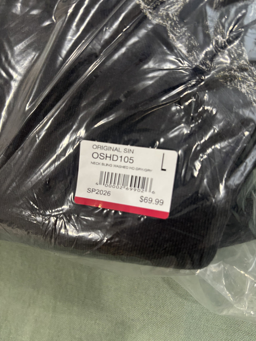 Original Sin Black Hoodie with Chain and Cross Design Size L