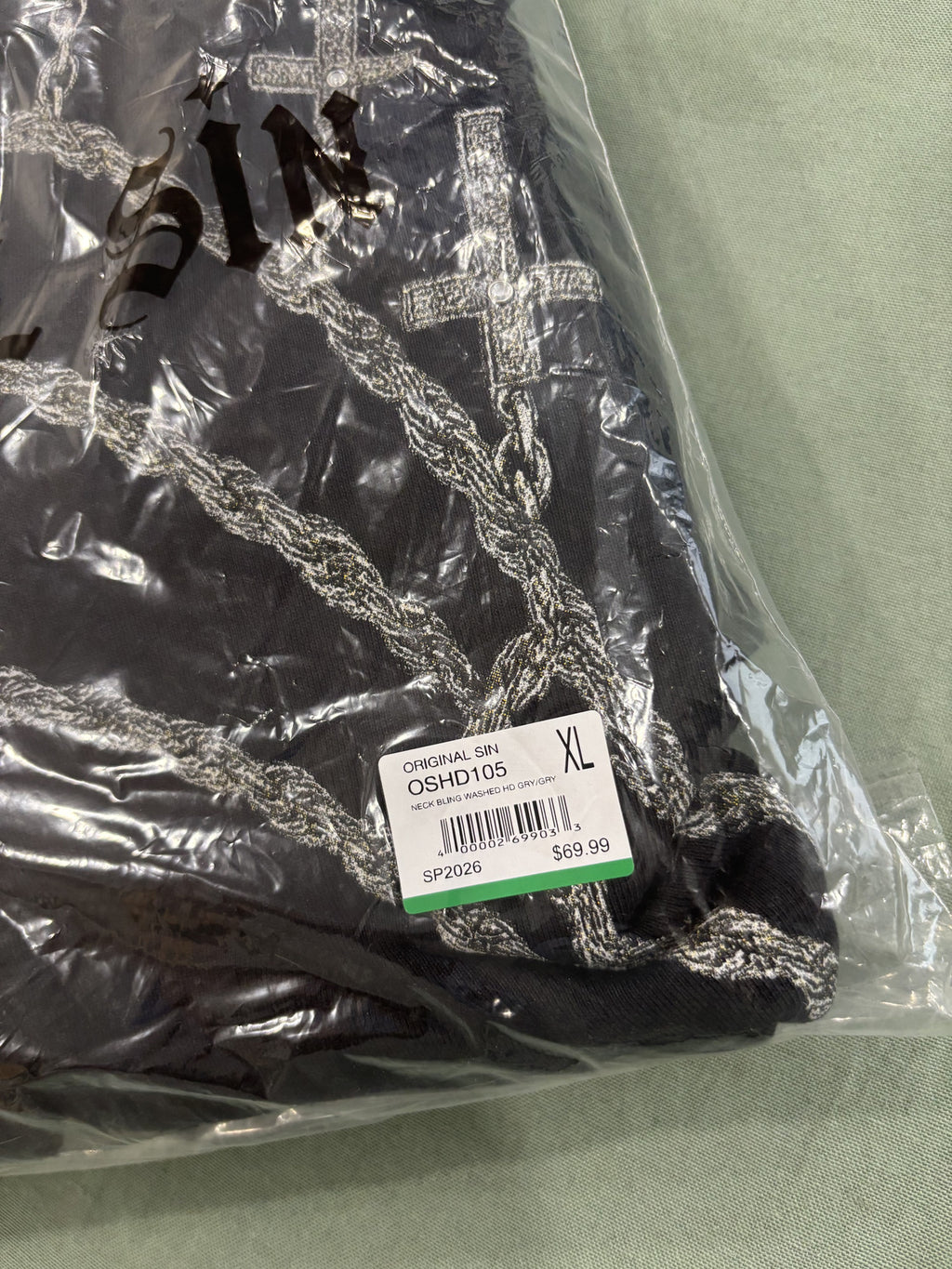 Original Sin Black Hoodie with Chain and Cross Graphic Print