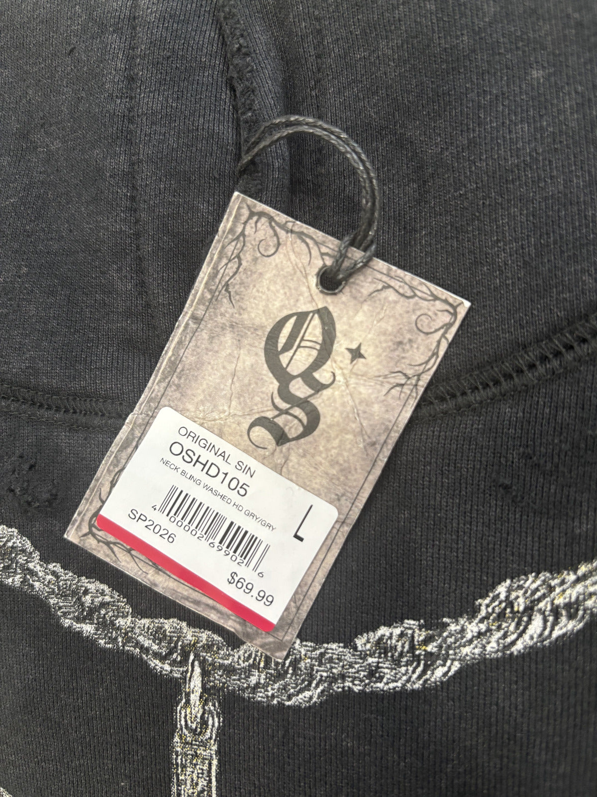 Original Sin Black Hoodie with Chain and Cross Design Size L