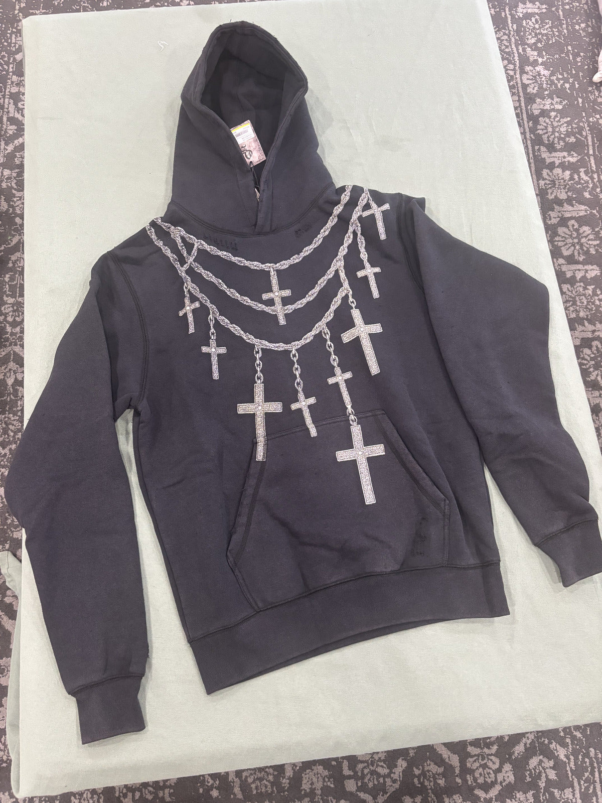 Original Sin Black Hoodie with Chain and Cross Graphic Print