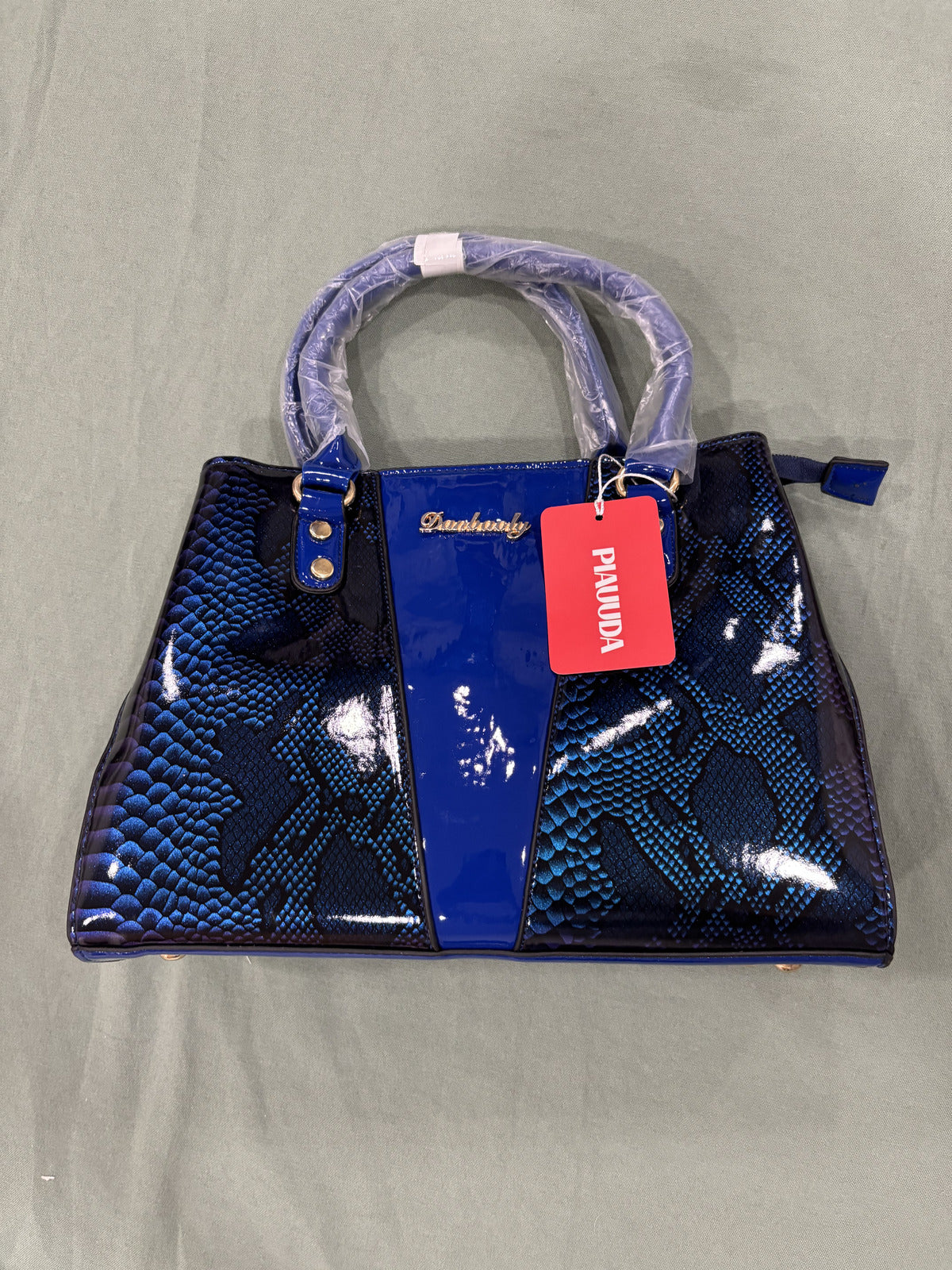 Blue Patent Leather Snake Pattern Handbag