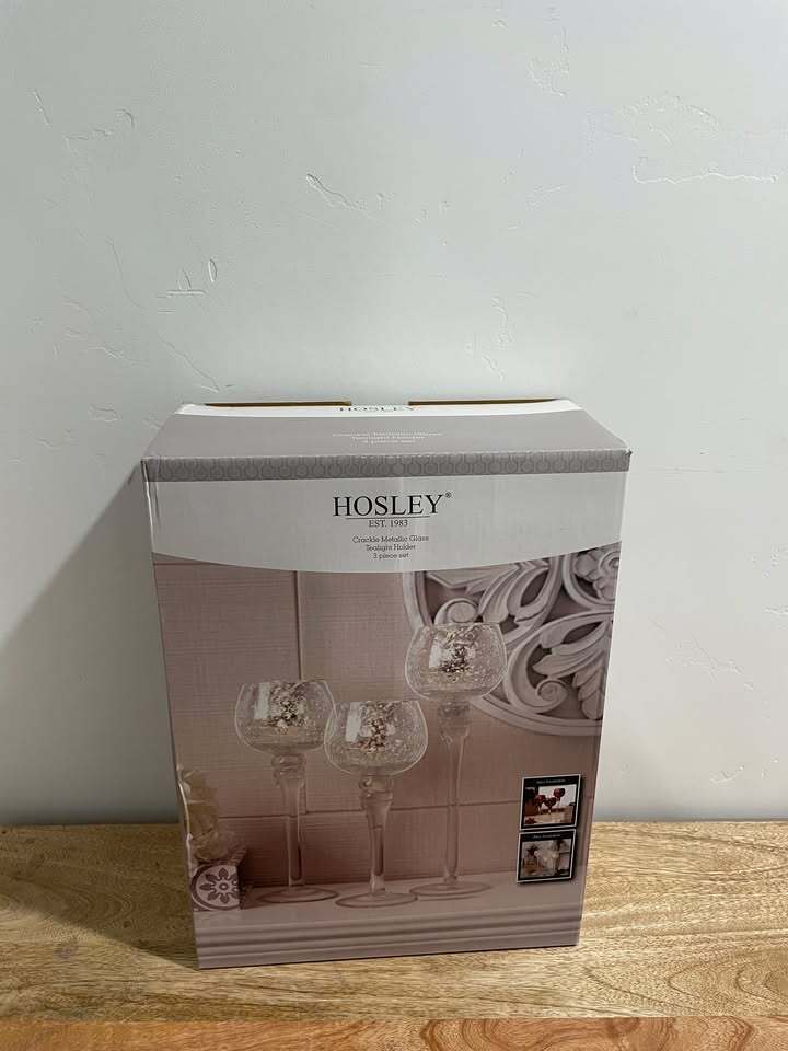✨ Hosley Crackle Metallic Glass Tealight Holder – 3‐Piece Set