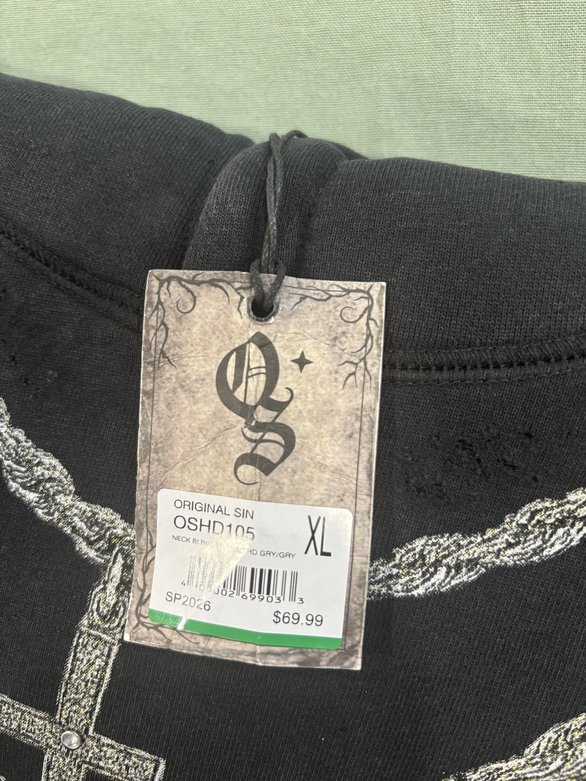 Original Sin Black Hoodie with Chain and Cross Graphic Print