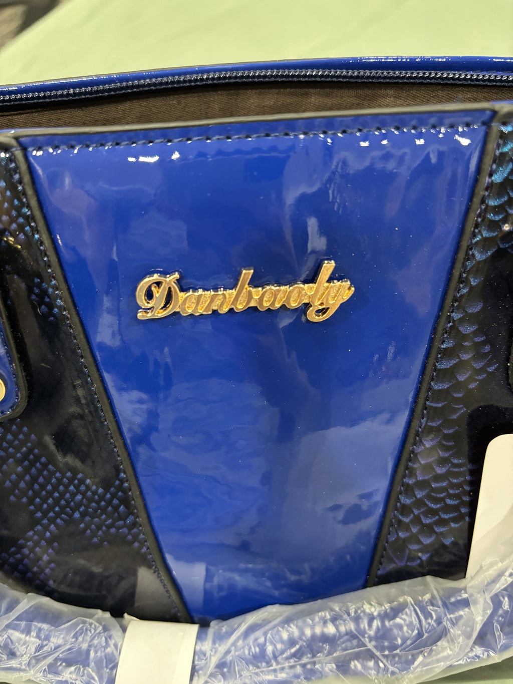 Blue Patent Leather Snake Pattern Handbag