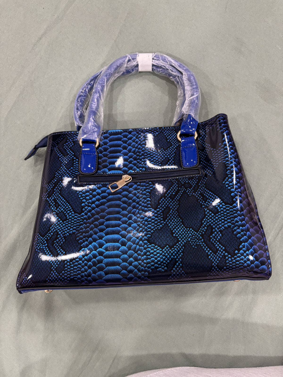 Blue Patent Leather Snake Pattern Handbag