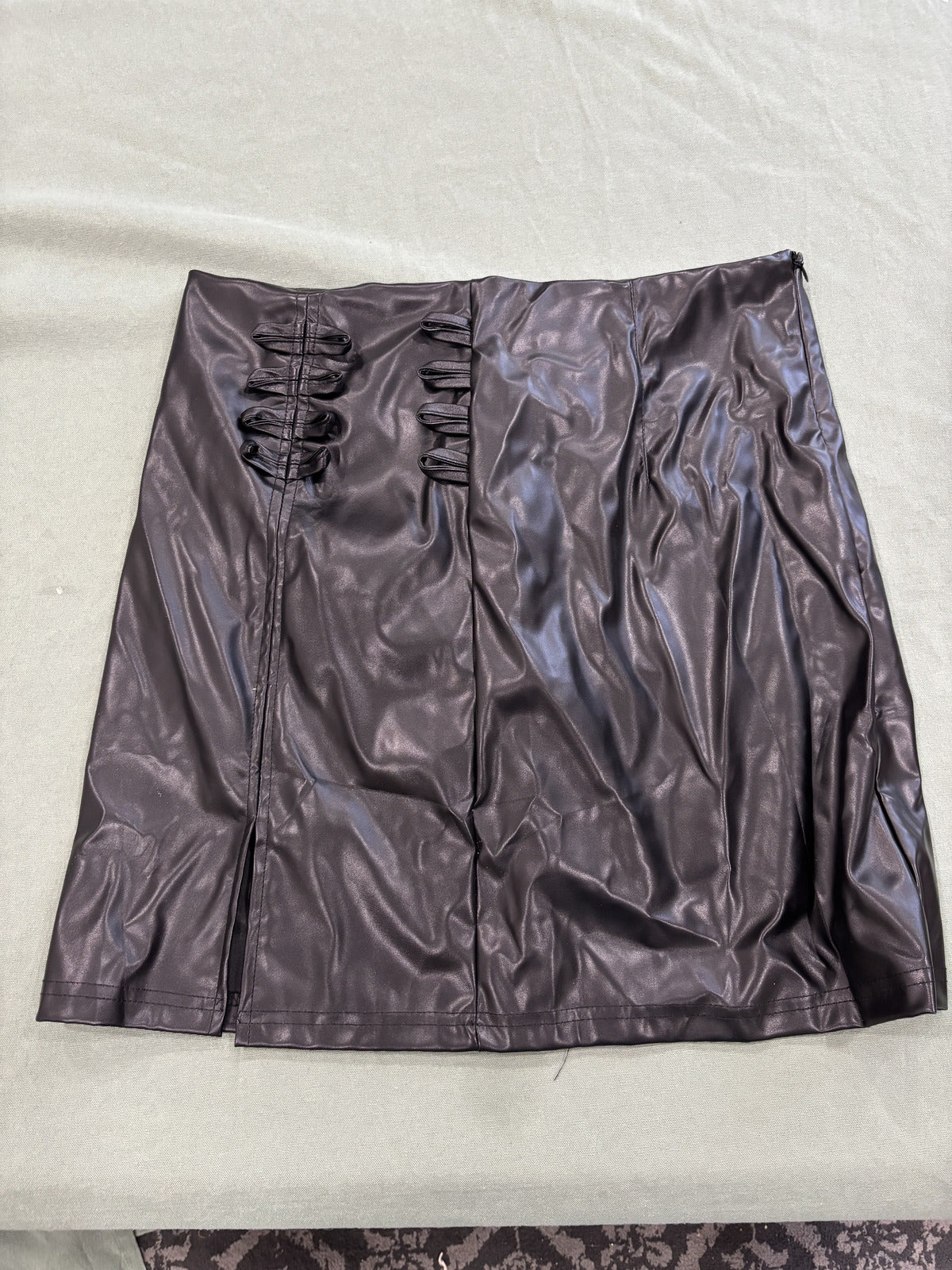 Black Faux Leather Mini Skirt with Lace-Up Detail - Size XL