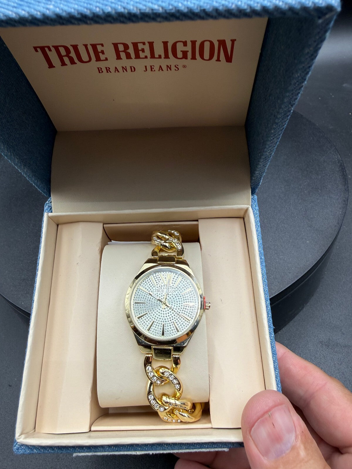 True Religion gold-tone chain bracelet watch
