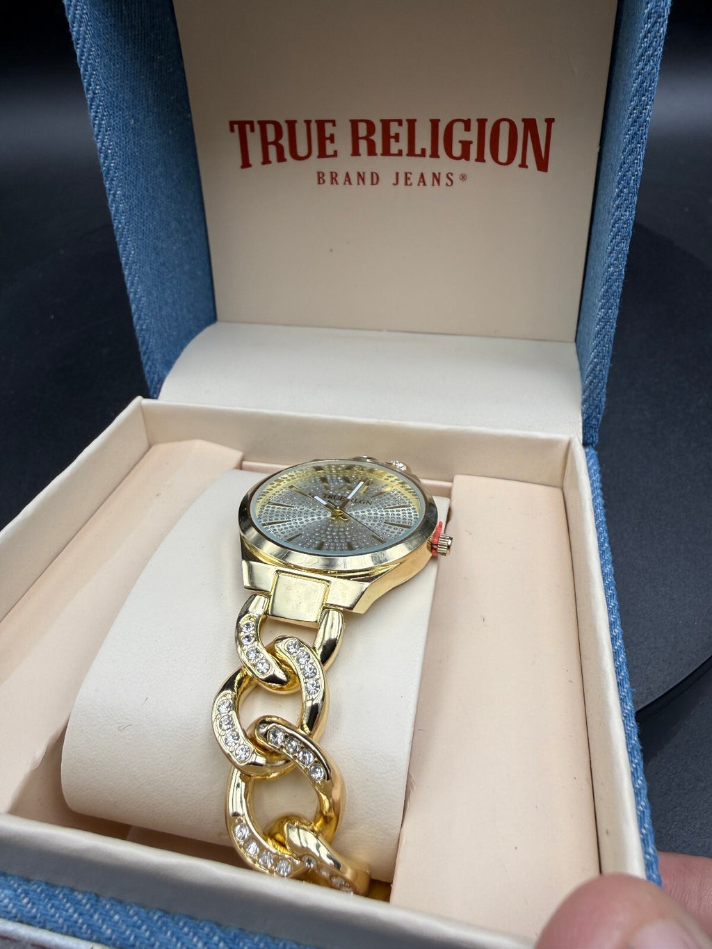 True Religion gold-tone chain bracelet watch