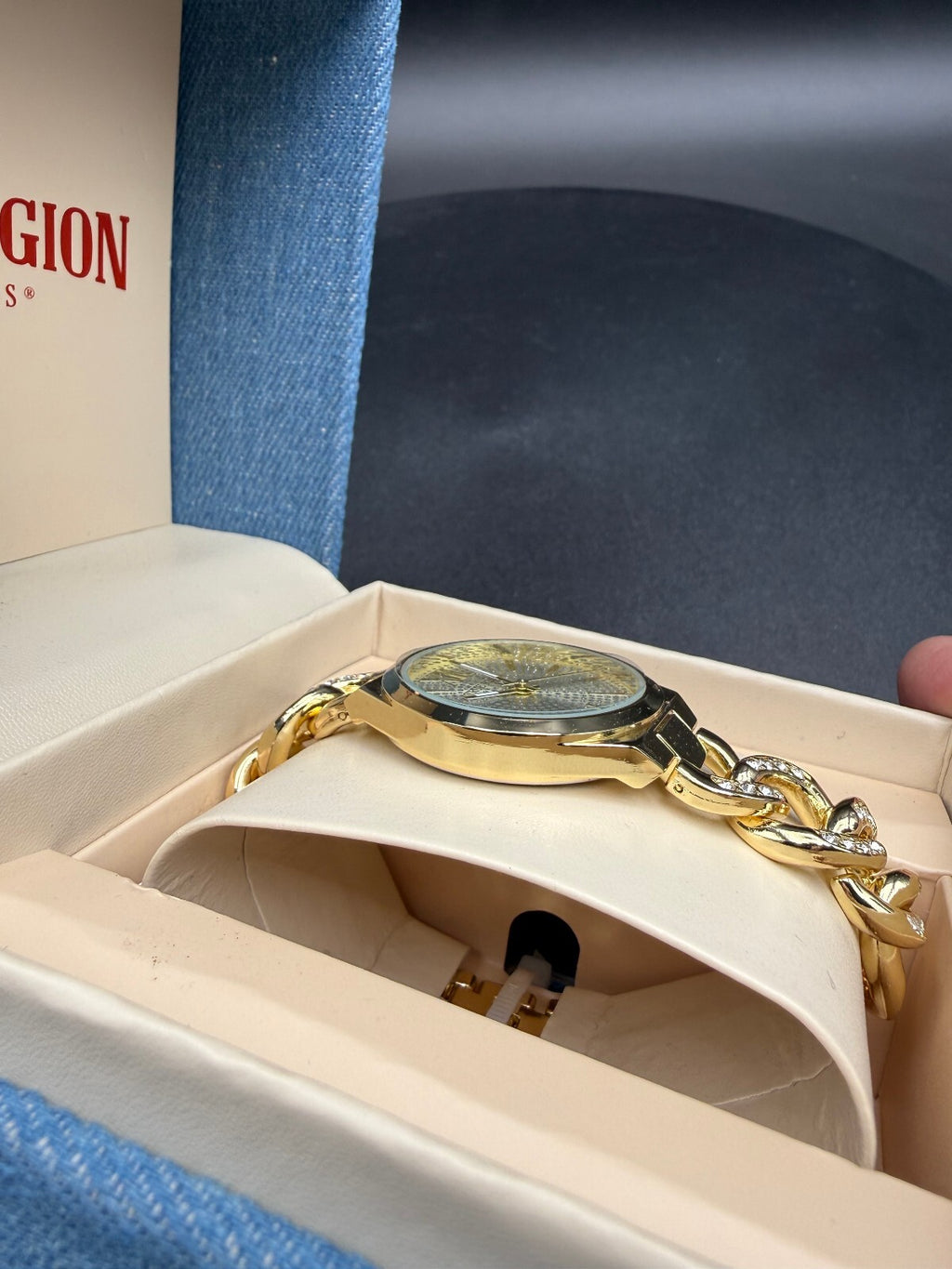 True Religion gold-tone chain bracelet watch