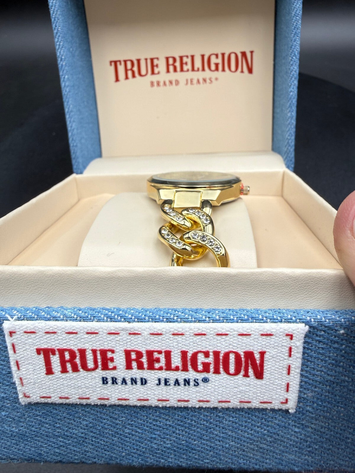 True Religion gold-tone chain bracelet watch