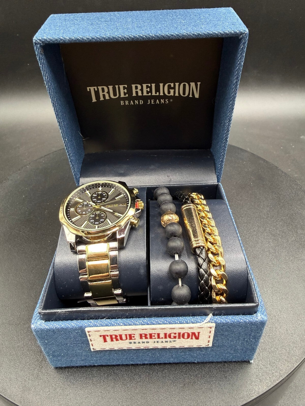 True Religion Black Gold Watch & 3 Bracelet Set w/ Box