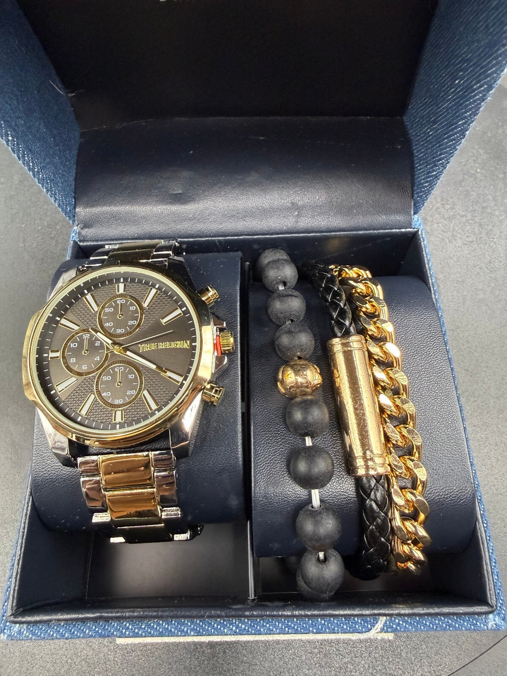 True Religion Black Gold Watch & 3 Bracelet Set w/ Box