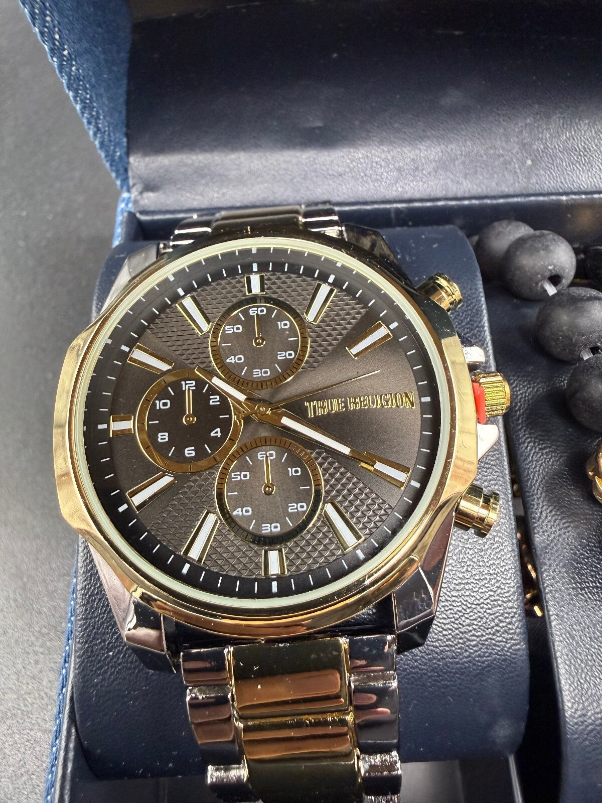 True Religion Black Gold Watch & 3 Bracelet Set w/ Box