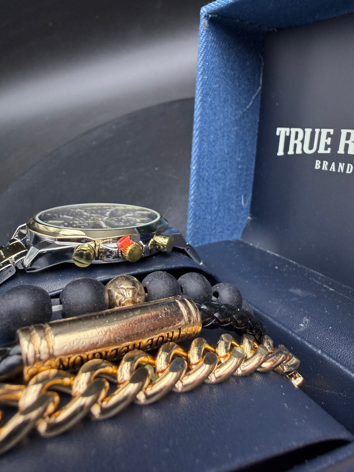 True Religion Black Gold Watch & 3 Bracelet Set w/ Box