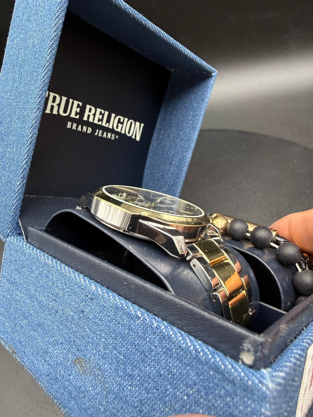 True Religion Black Gold Watch & 3 Bracelet Set w/ Box