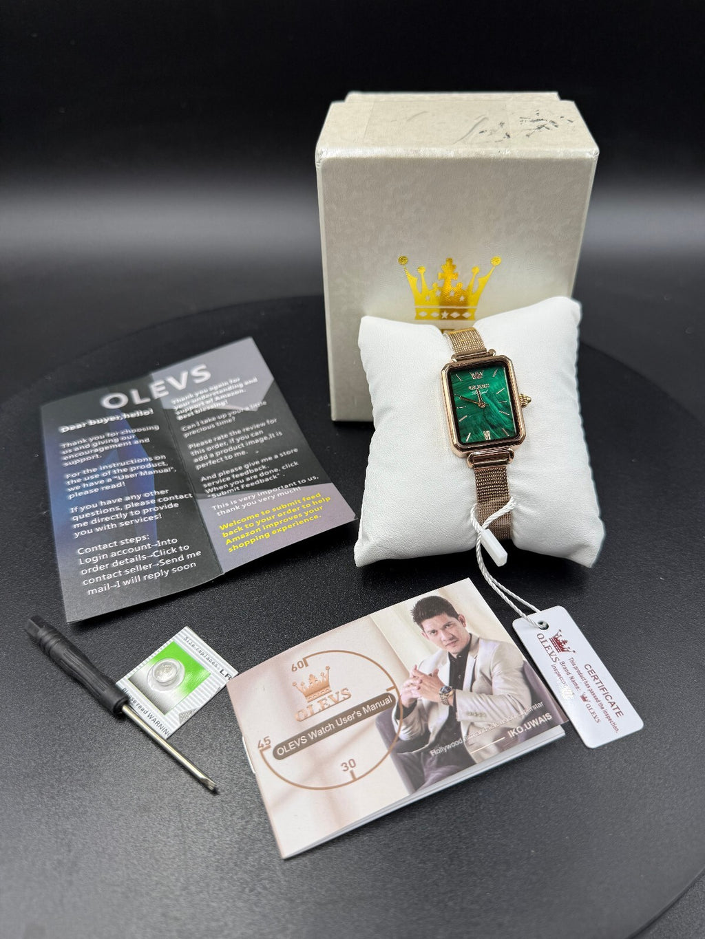 OLEVS Luxury Green Dial Rectangular Women's Wristwatch with Rose Gold Mesh Band