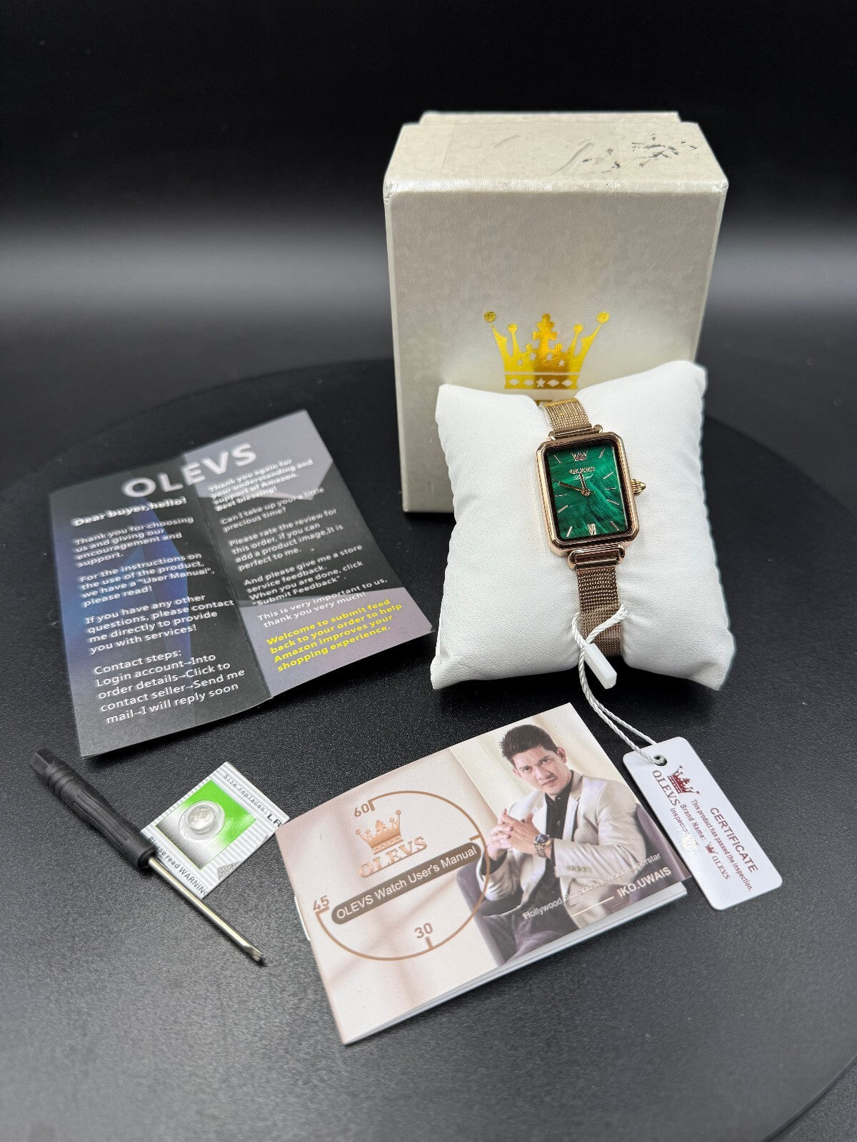 OLEVS Luxury Green Dial Rectangular Women's Wristwatch with Rose Gold Mesh Band