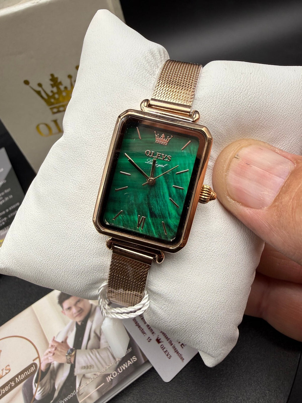 OLEVS Luxury Green Dial Rectangular Women's Wristwatch with Rose Gold Mesh Band