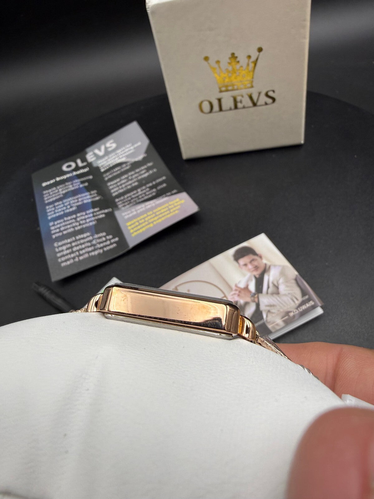 OLEVS Luxury Green Dial Rectangular Women's Wristwatch with Rose Gold Mesh Band