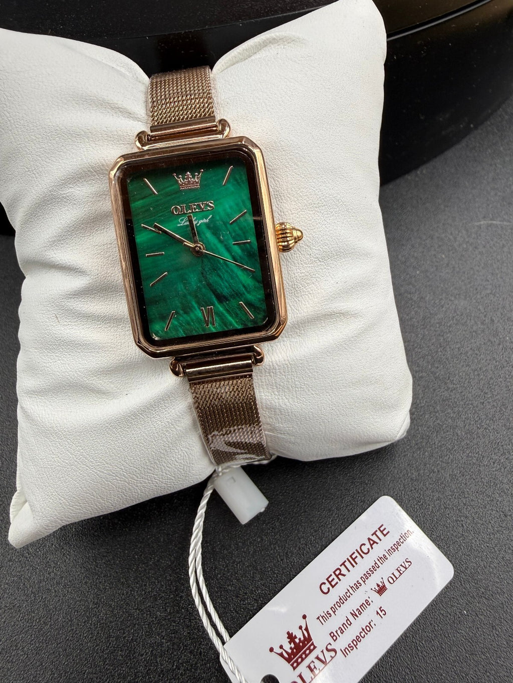 OLEVS Luxury Green Dial Rectangular Women's Wristwatch with Rose Gold Mesh Band