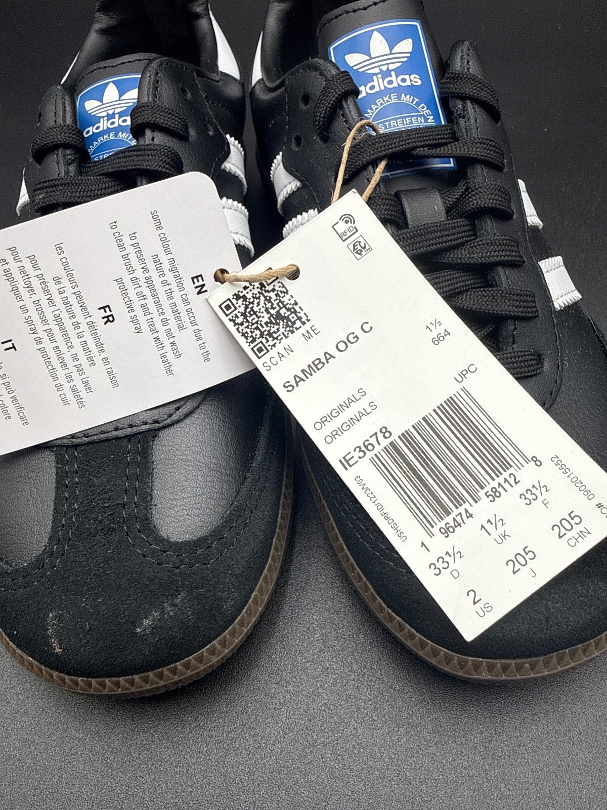 Adidas Samba OG Classic Black and White Sneakers Size 2 US