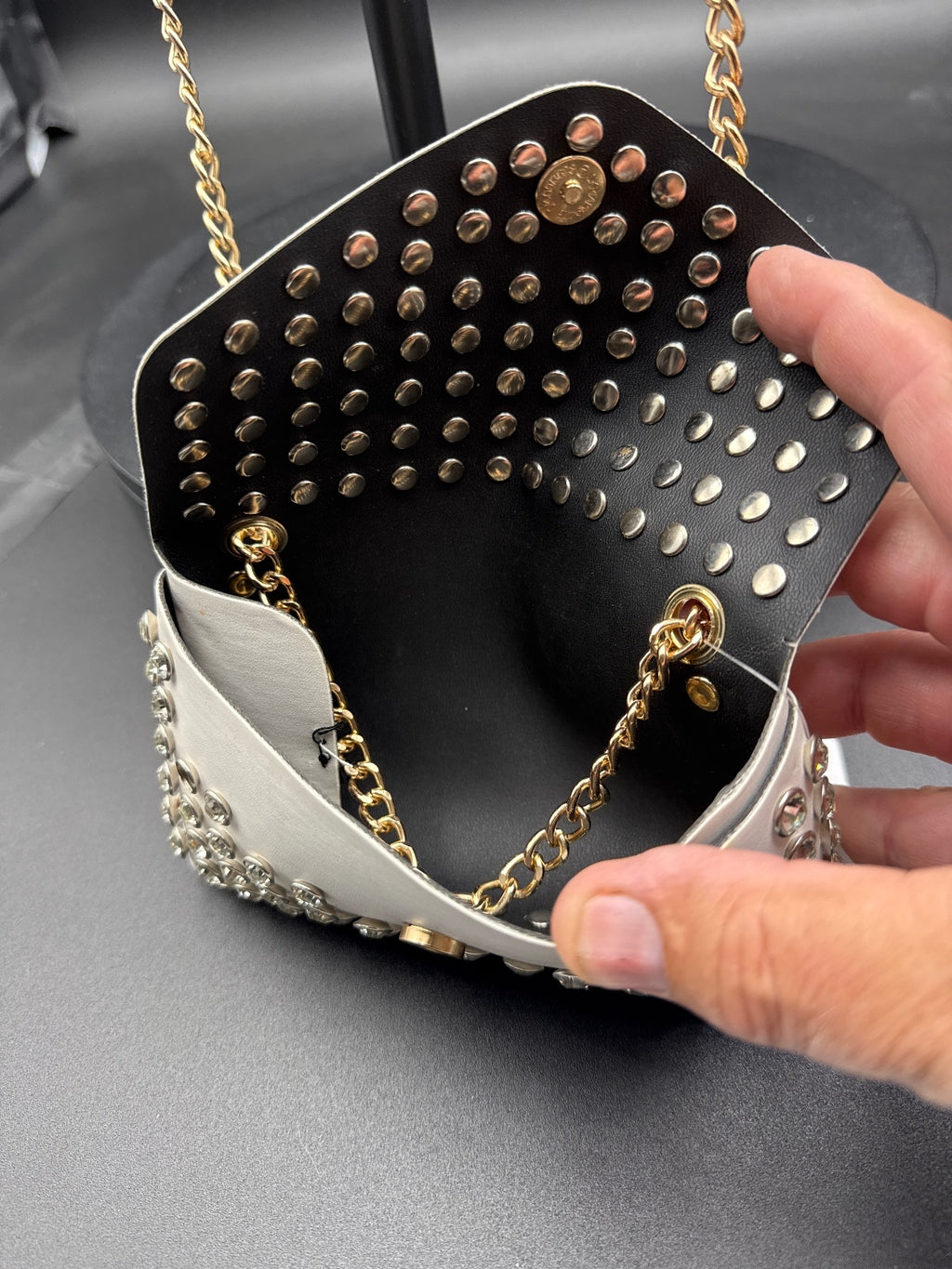 White Studded Leather Shoulder Bag with Gold Chain Strap