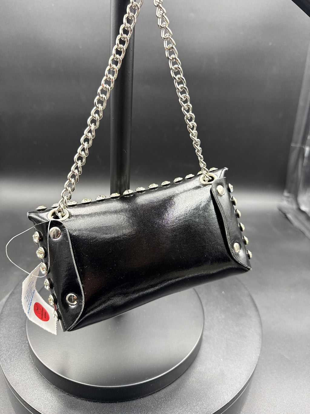 Black Studded Mini Shoulder Bag with Silver Chain Strap