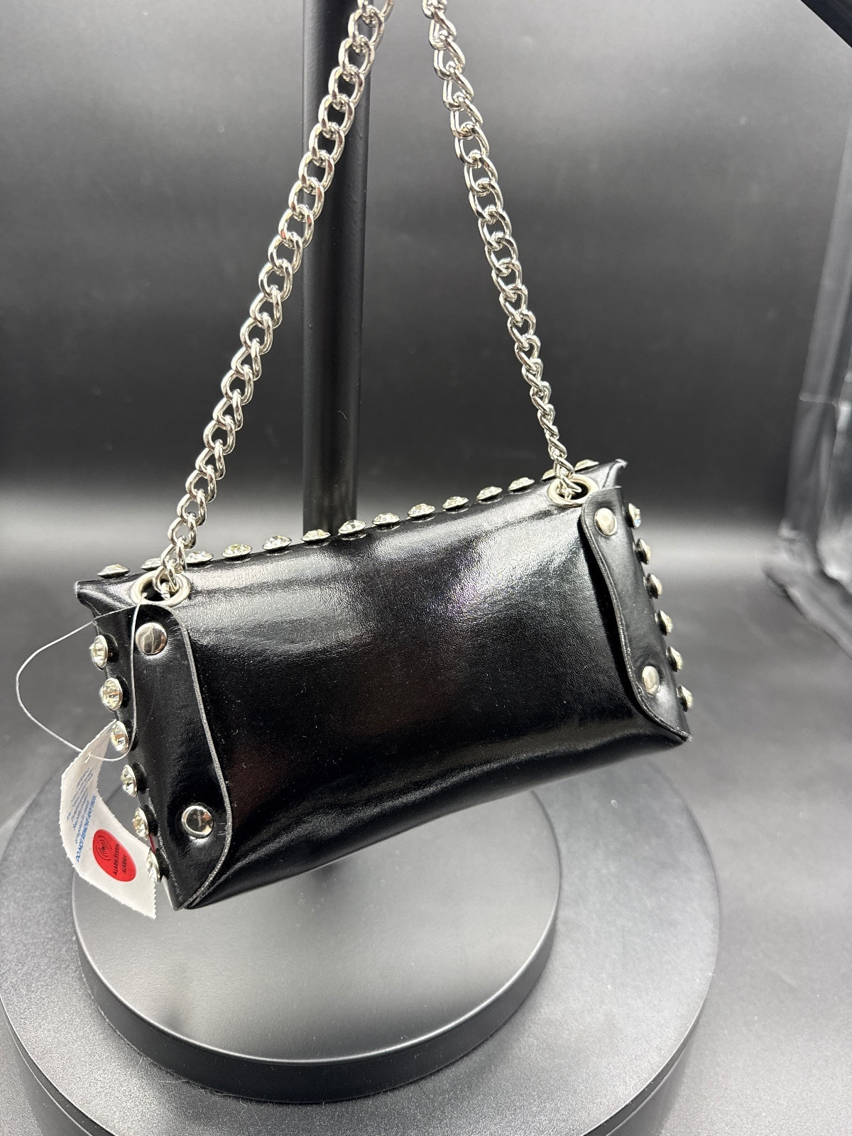 Black Studded Mini Shoulder Bag with Silver Chain Strap