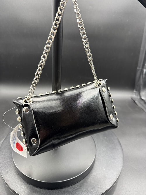 Black Studded Mini Shoulder Bag with Silver Chain Strap