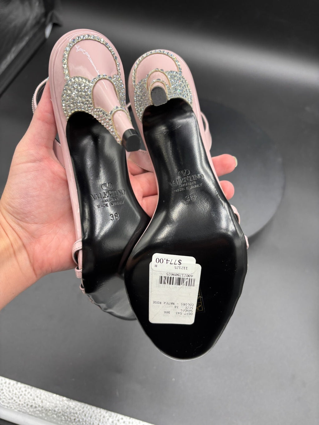 Valentino Pink Leather Strappy Heeled Sandals with Crystal--