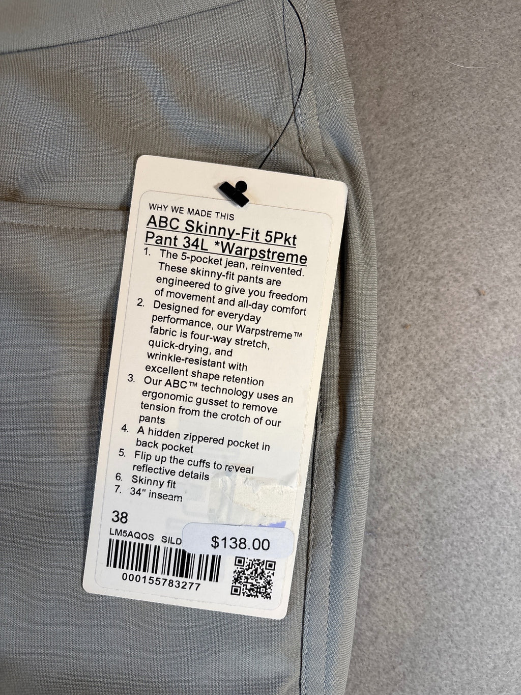 Lululemon ABC 5-Pocket Skinny Fit Pants 38W x 34L Light Gray