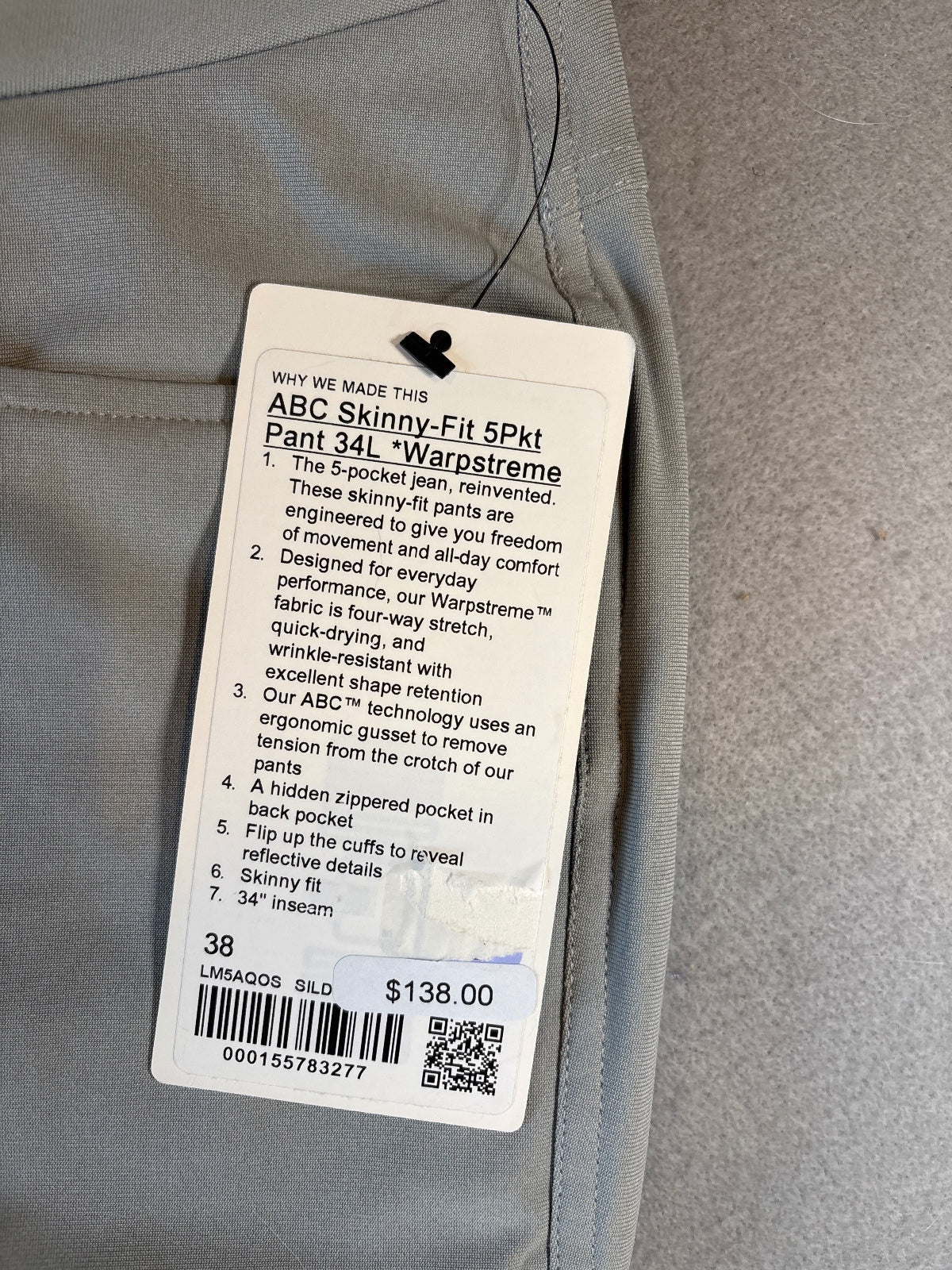 Lululemon ABC 5-Pocket Skinny Fit Pants 38W x 34L Light Gray