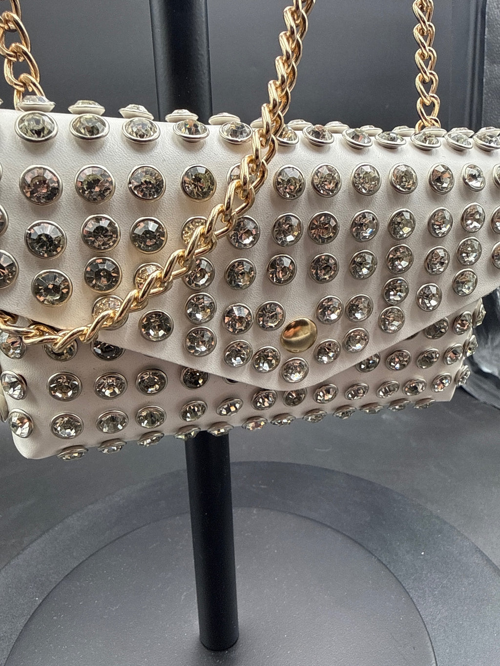 White Studded Leather Shoulder Bag with Gold Chain Strap
