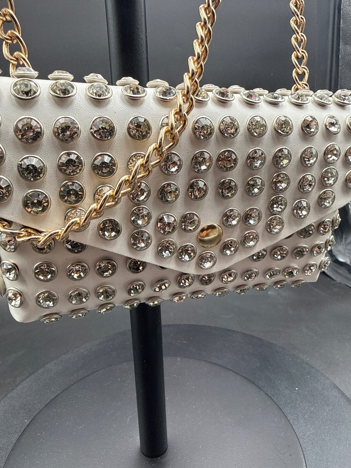 White Studded Leather Shoulder Bag with Gold Chain Strap