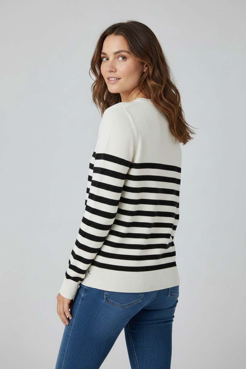 Karl Lagerfeld Paris Striped Crew Neck Sweater Medium Black/