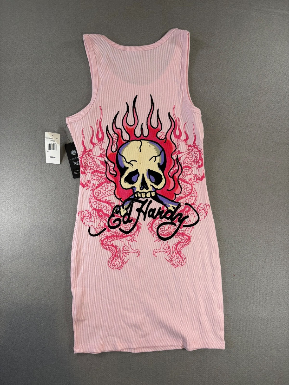Ed Hardy Pink Tank Dress with Leopard and Skull Print, Large