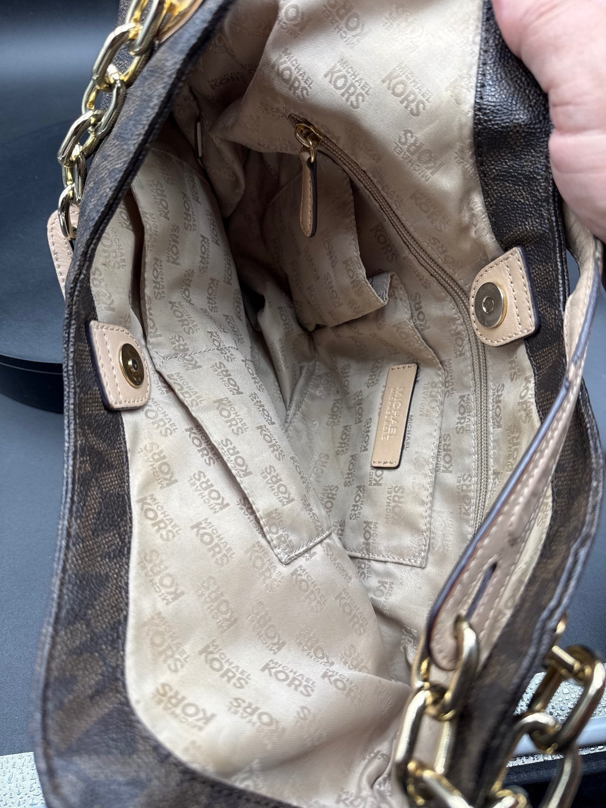 Michael Kors Large Brown MK Logo Tote Bag with Gold Chain