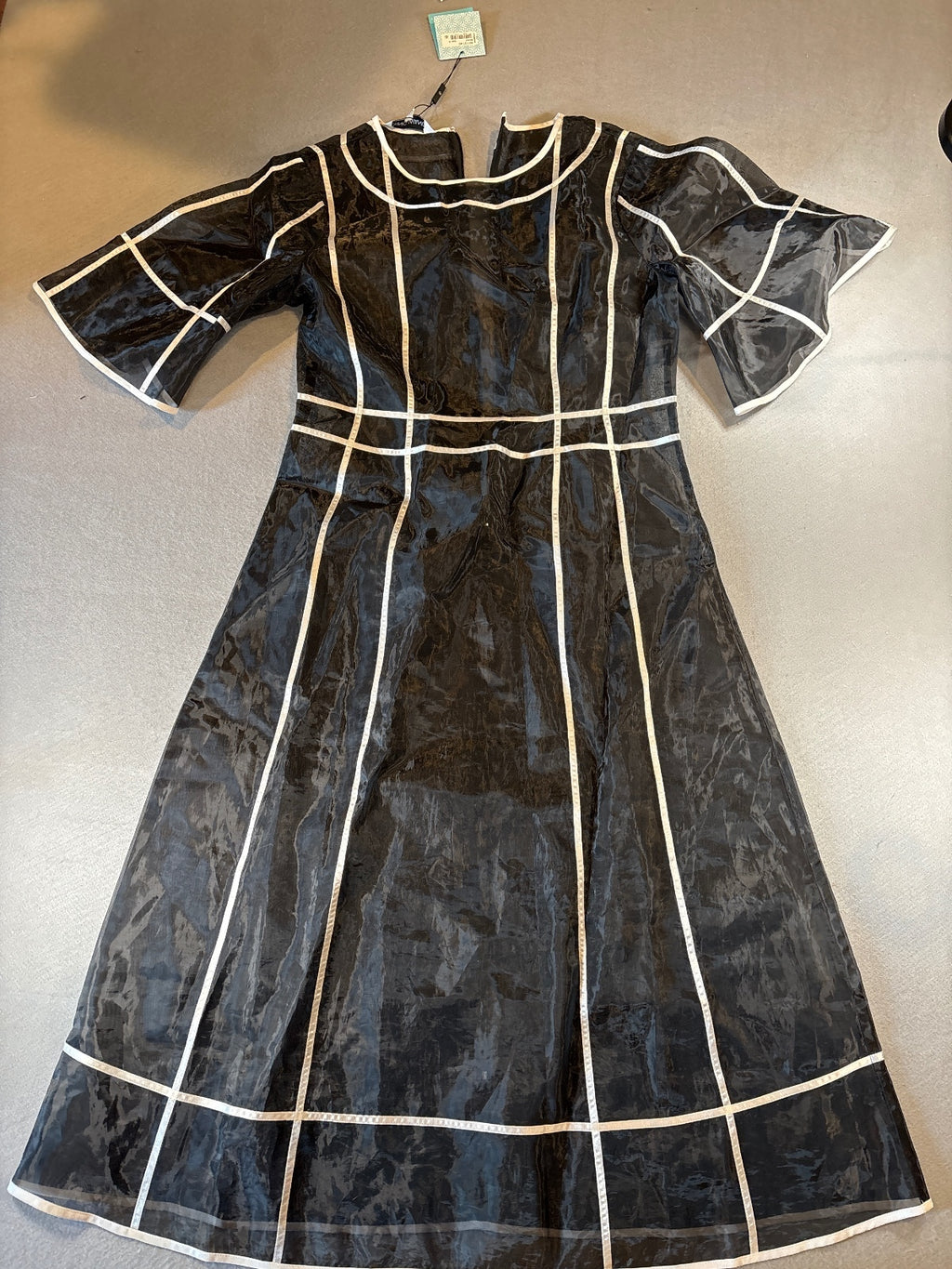 Ming Wang Black White Grid Sheer Sleeve Midi Dress NWT M