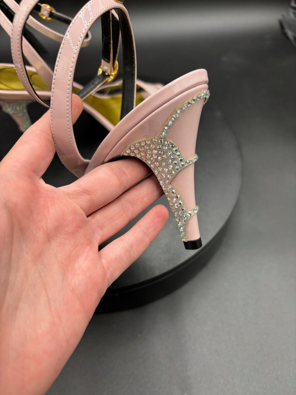 Valentino Pink Leather Strappy Heeled Sandals with Crystal--