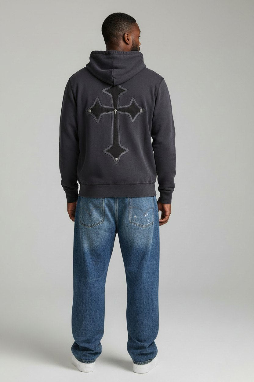 Original Sin Black Hoodie with Chain and Cross Design Size L