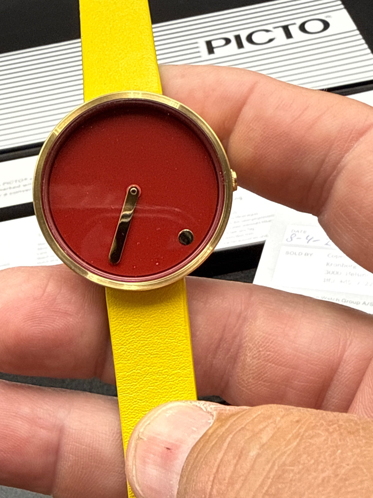 PICTO Minimalist Yellow Leather Strap Watch - Red Dial, Danish Design, New