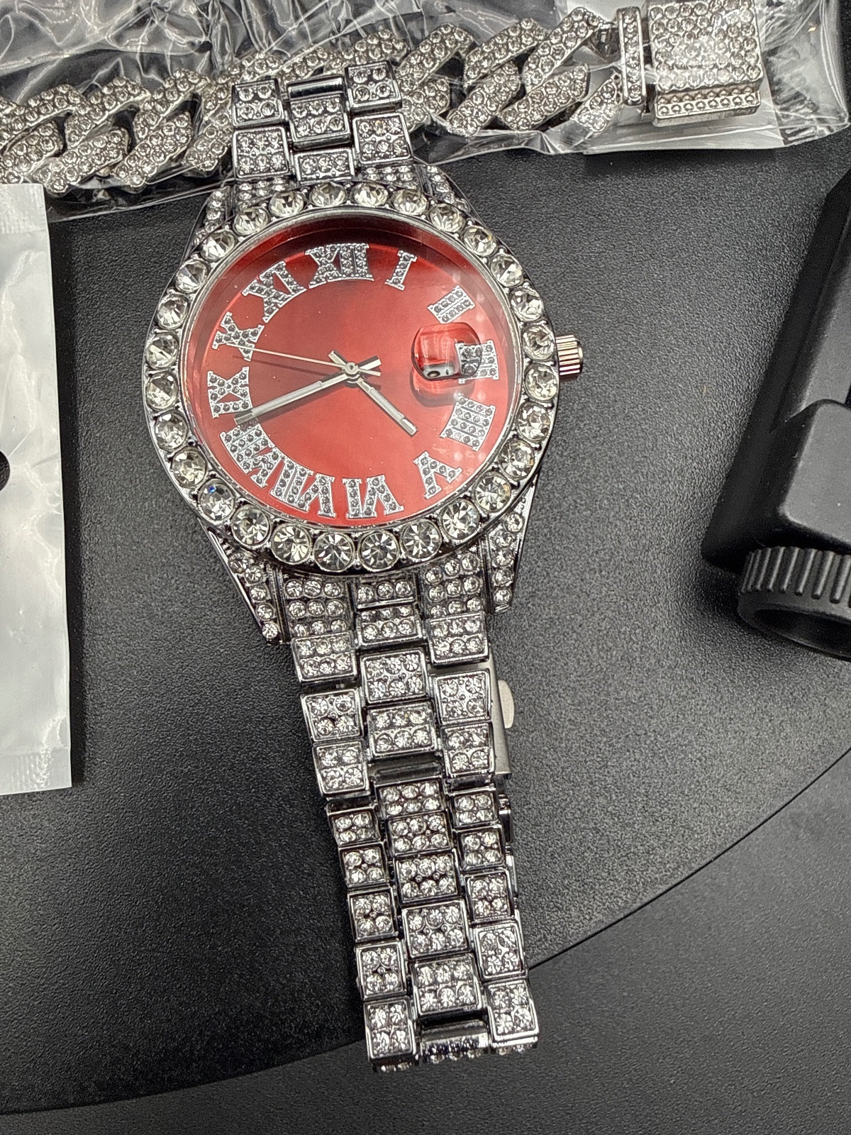 Rhinestone Studded Silver Wristwatch with Matching Chains and Cross Pendant