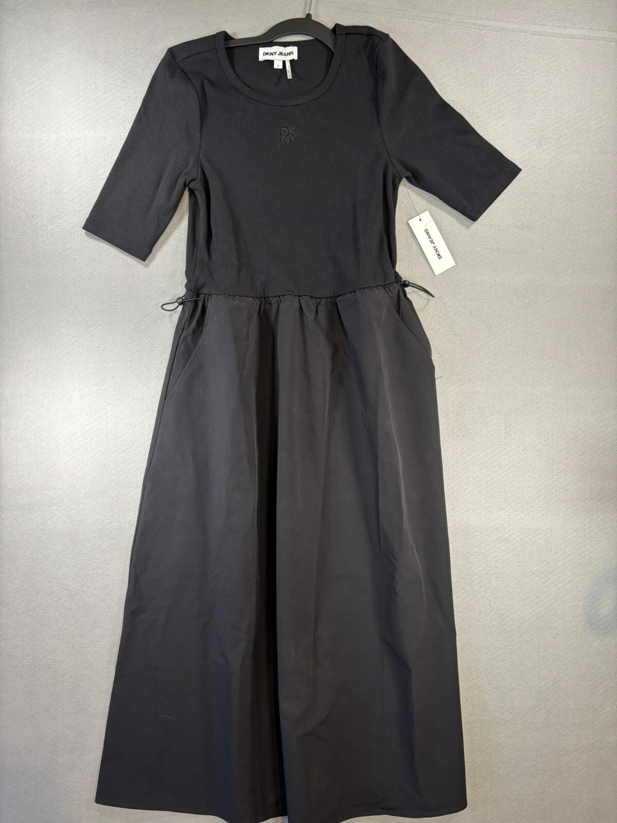 DKNY Jeans Black Midi Dress with Drawstring Waist, Size M