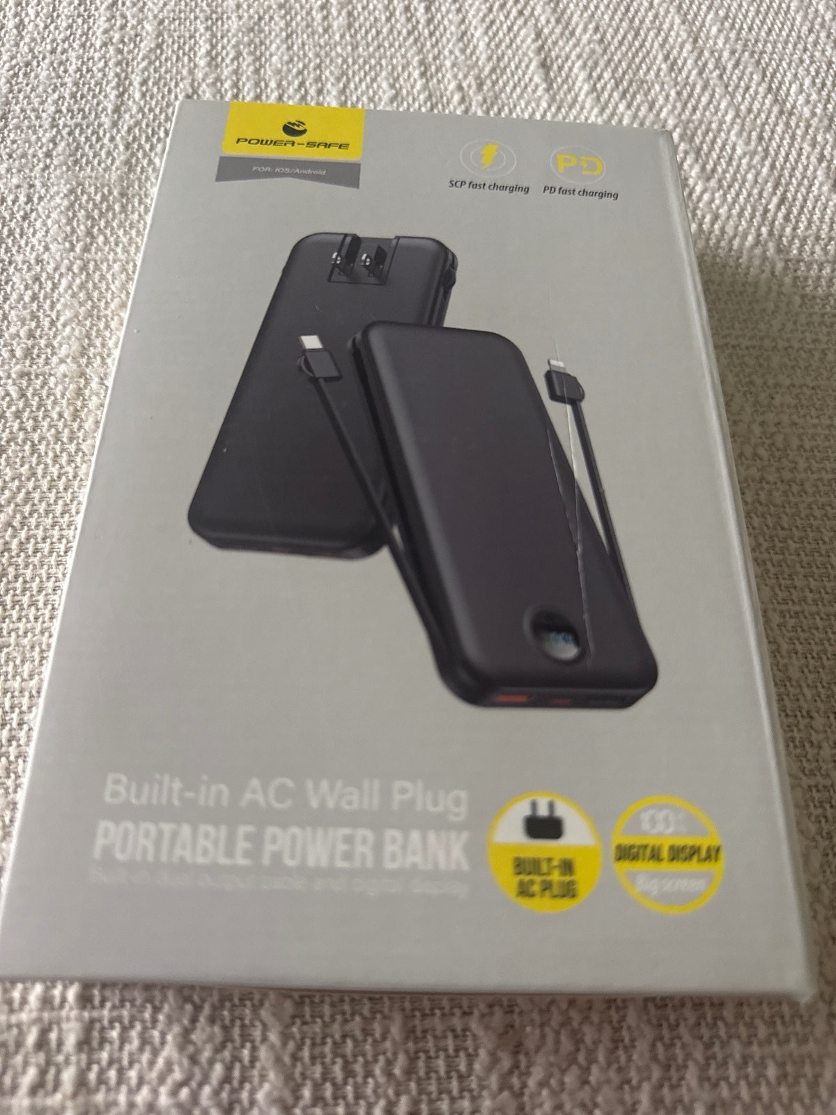 Portable Power Bank with Built-in AC Wall Plug and Dual Charging Cables