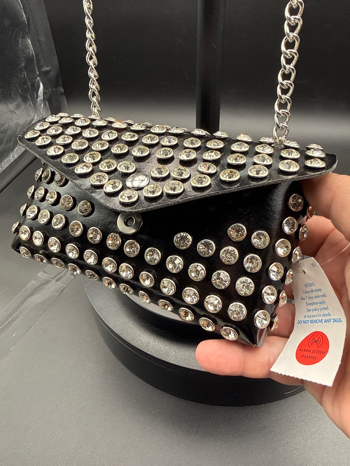 Black Studded Mini Shoulder Bag with Silver Chain Strap