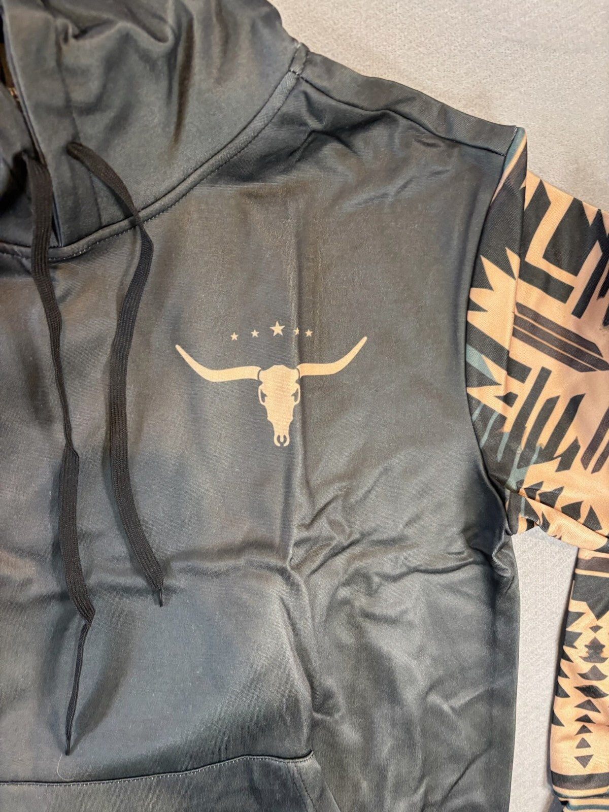 Black Hoodie with Aztec Patterned Sleeves and Longhorn Logo XL