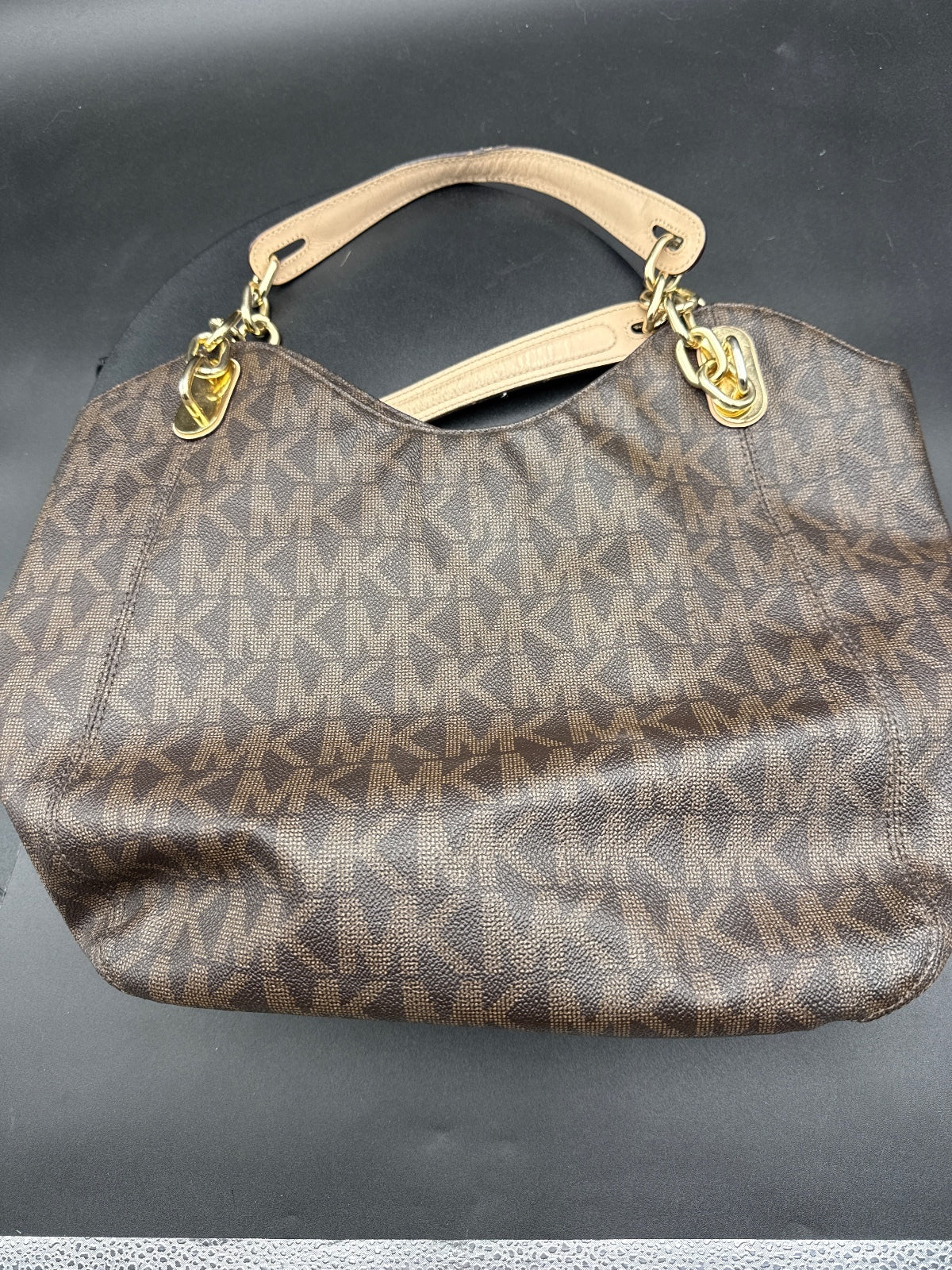 Michael Kors Large Brown MK Logo Tote Bag with Gold Chain