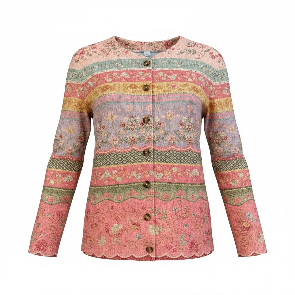 Vintage Floral Patterned Button-Up Cardigan Sweater Size L