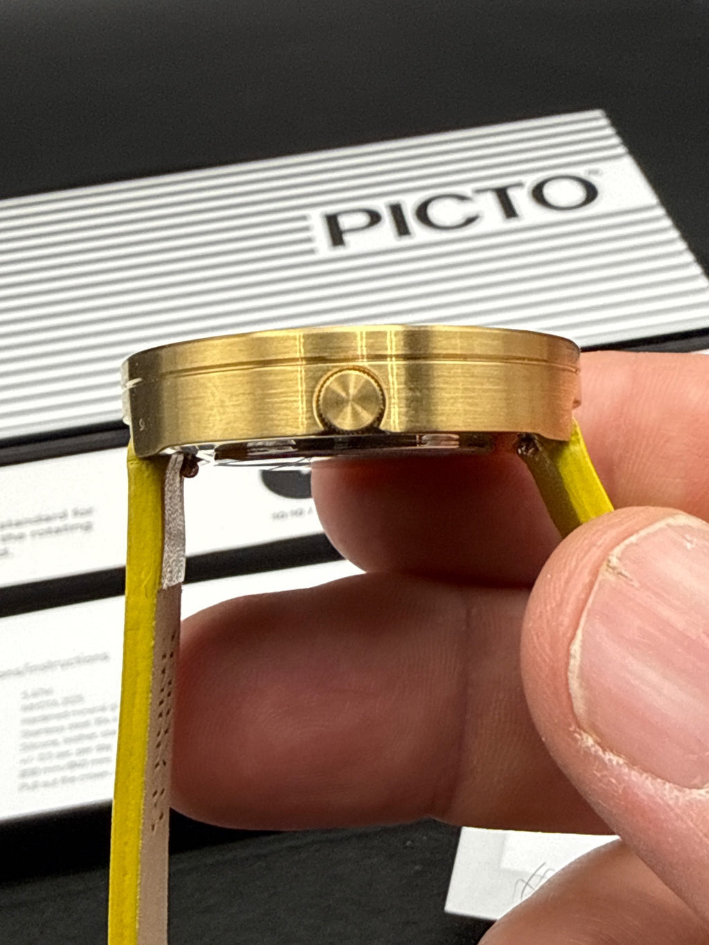 PICTO Minimalist Yellow Leather Strap Watch - Red Dial, Danish Design, New
