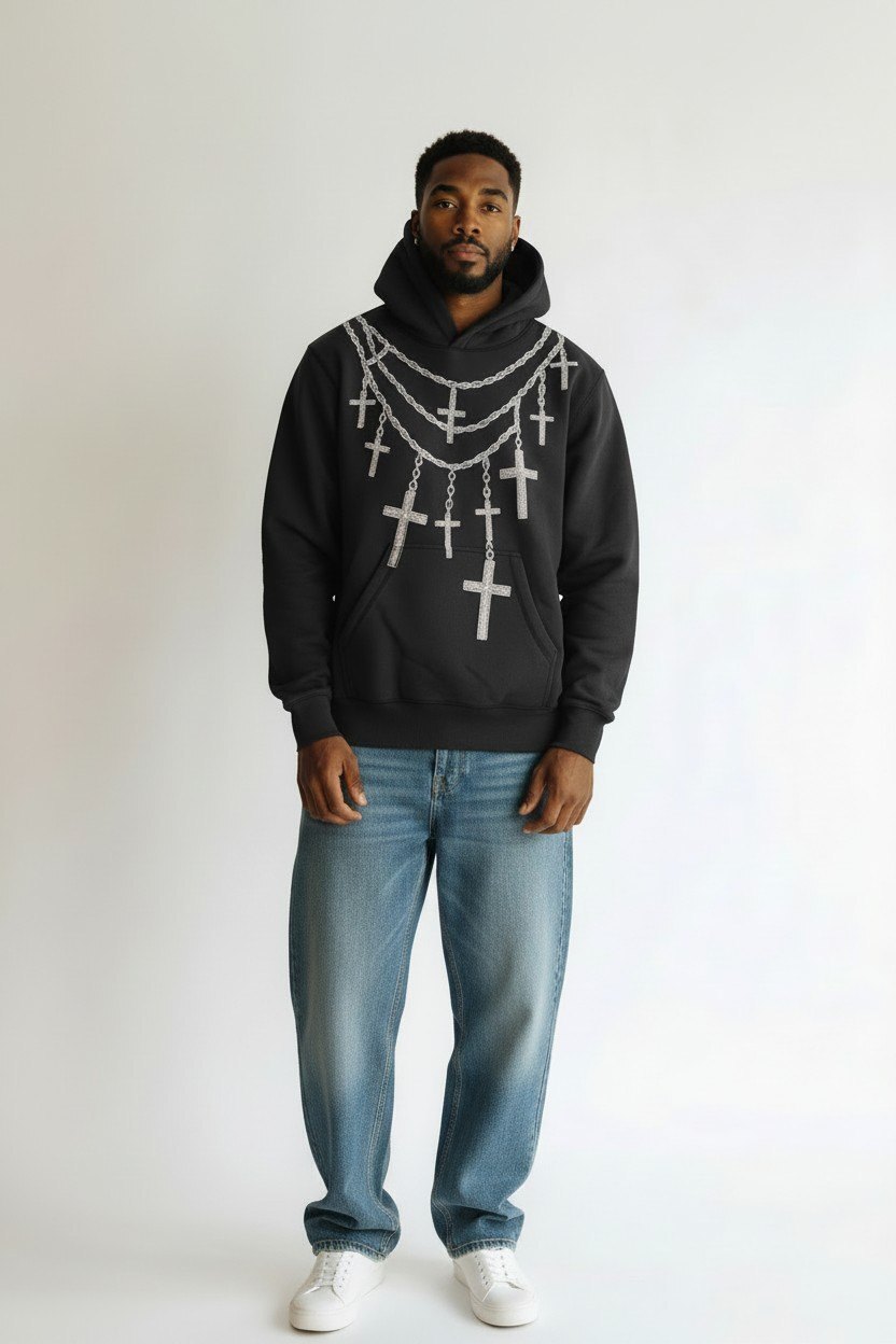 Original Sin Black Hoodie with Chain and Cross Design Size L